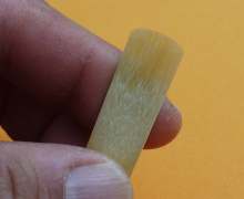 reed tip which has visibly taken water
during a clarinet reed break in process image: clarinet reed tip, wet